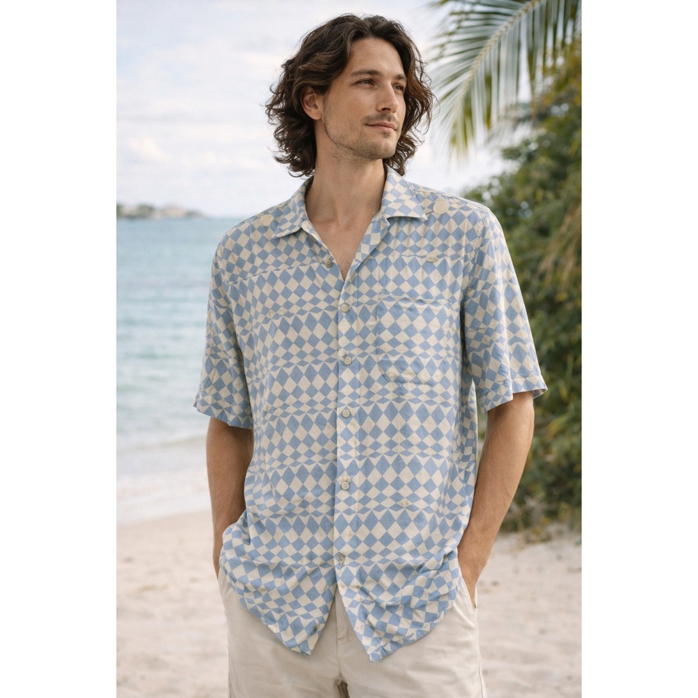 ZARA Mens Blue White Geometric Print Short Sleeve Button Up Shirt Size M Relaxed